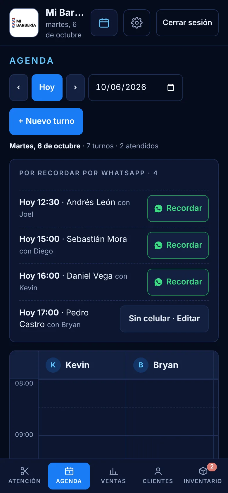 Agenda del día con botones para recordar la cita por WhatsApp